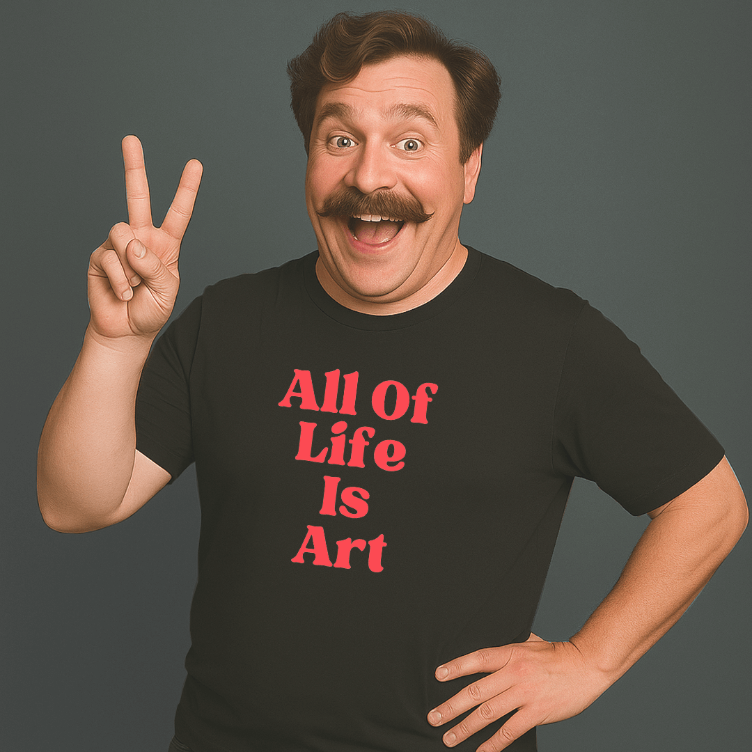 Smiling man with mustache wearing a black “All Of Life Is Art” t-shirt, flashing a peace sign.