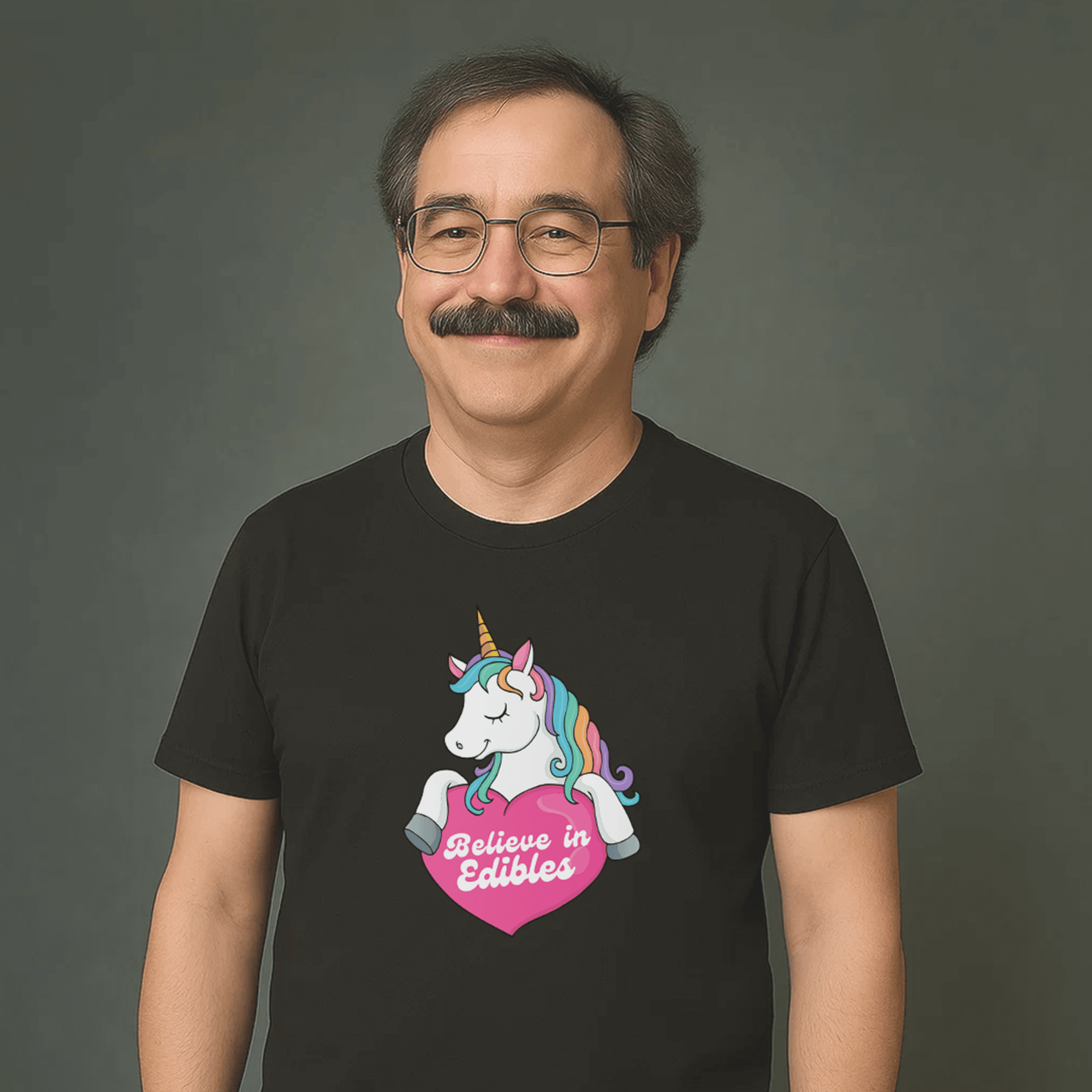 Smiling man with glasses and mustache wearing a black t-shirt with a colorful unicorn graphic and the text “Believe in Edibles” inside a pink heart.