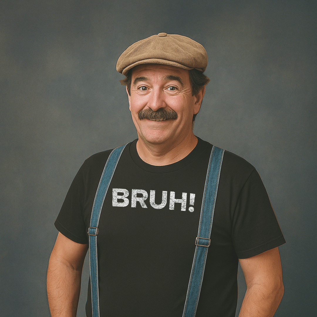 Smiling man with a mustache wearing a flat cap, denim suspenders, and a black t-shirt that says ‘BRUH!’ in bold white letters