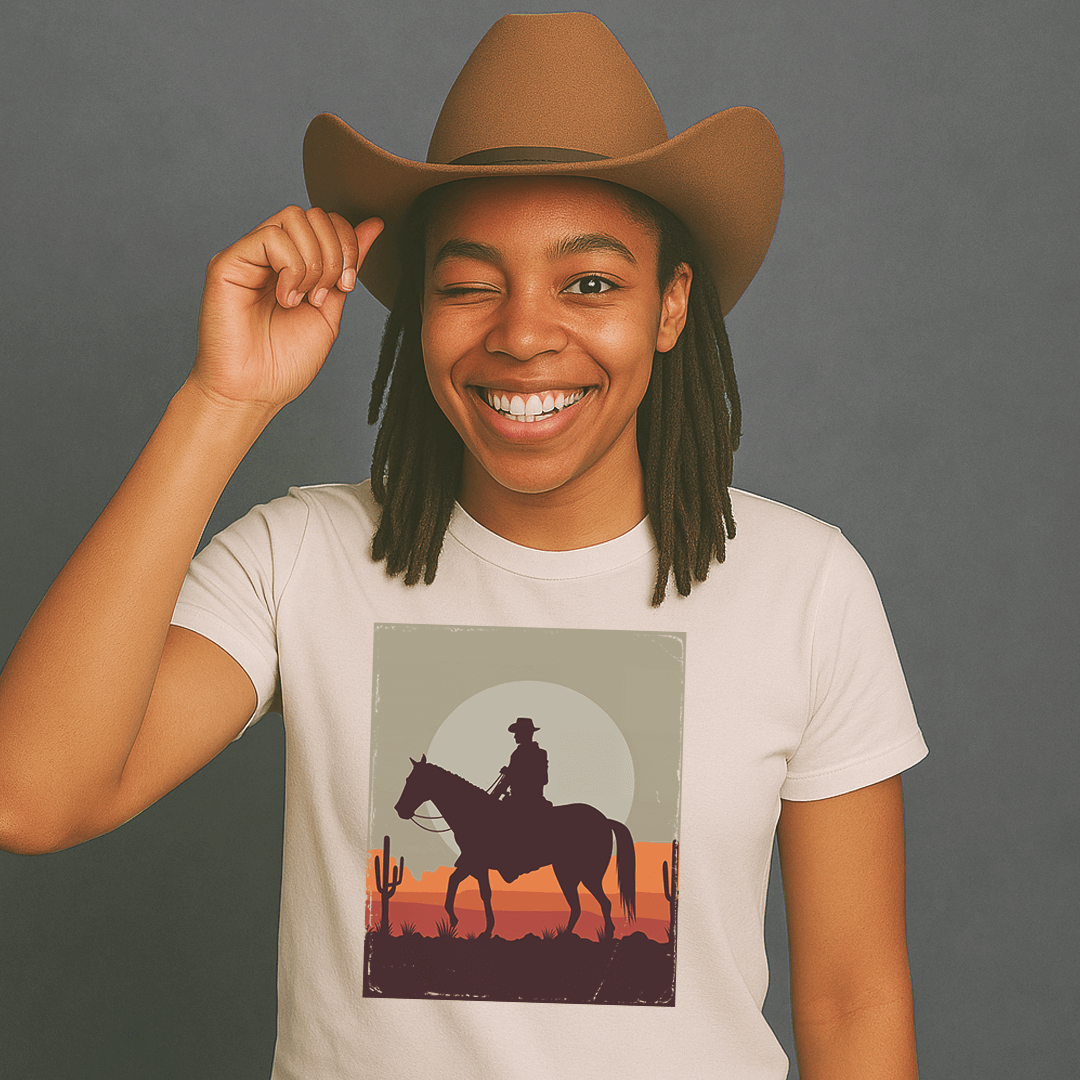 Smiling person with dreadlocks wearing a cowboy hat and winking, dressed in a light-colored t-shirt featuring a graphic of a cowboy riding a horse at sunset with cacti in the background.