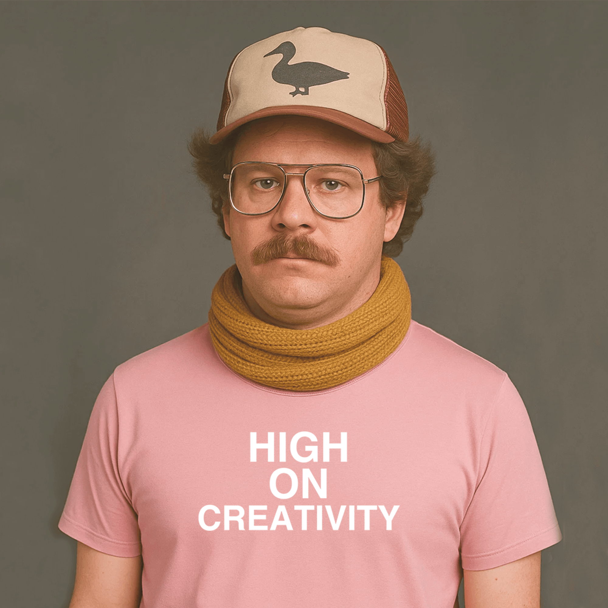 Serious-looking person with glasses, a mustache, a cap with a duck logo, and a mustard scarf, wearing a pink t-shirt that says “HIGH ON CREATIVITY” in white text.        