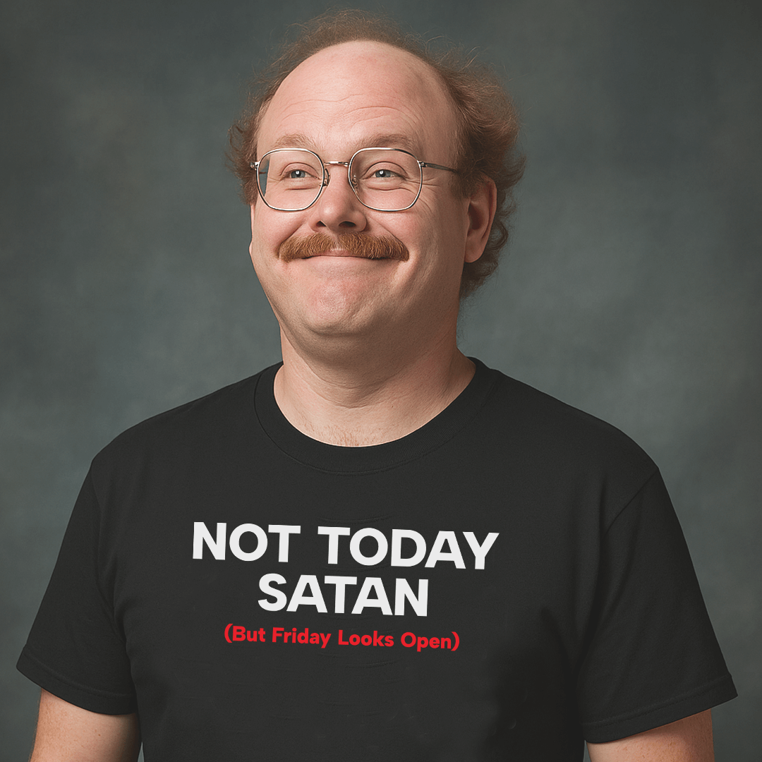 Smiling man with glasses and mustache wearing black Milk Sandwich T-shirt with bold text Not Today Satan (But Friday Looks Open) in studio portrait.