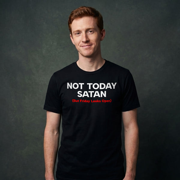 Man wearing black Milk Sandwich unisex T-shirt with bold white and red text reading Not Today Satan (But Friday Looks Open), funny slogan tee in studio portrait.
