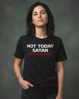 Woman wearing black Milk Sandwich unisex T-shirt with bold white and red text reading Not Today Satan (But Friday Looks Open), funny slogan tee in studio portrait.