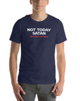 Man wearing navy Milk Sandwich T-shirt with bold white and red text reading Not Today Satan (But Friday Looks Open), funny slogan tee on white background.