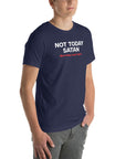 Angled view of man wearing navy Milk Sandwich T-shirt with Not Today Satan (But Friday Looks Open) in bold white and red text, sarcastic slogan tee.