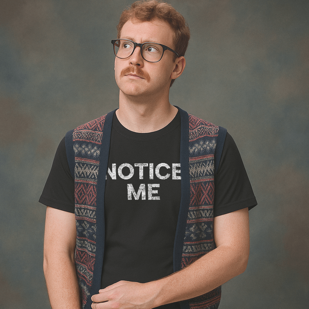 Man wearing glasses and a patterned vest over a black Milk Sandwich t-shirt with bold white distressed text that reads NOTICE ME, looking upward with a curious expression.