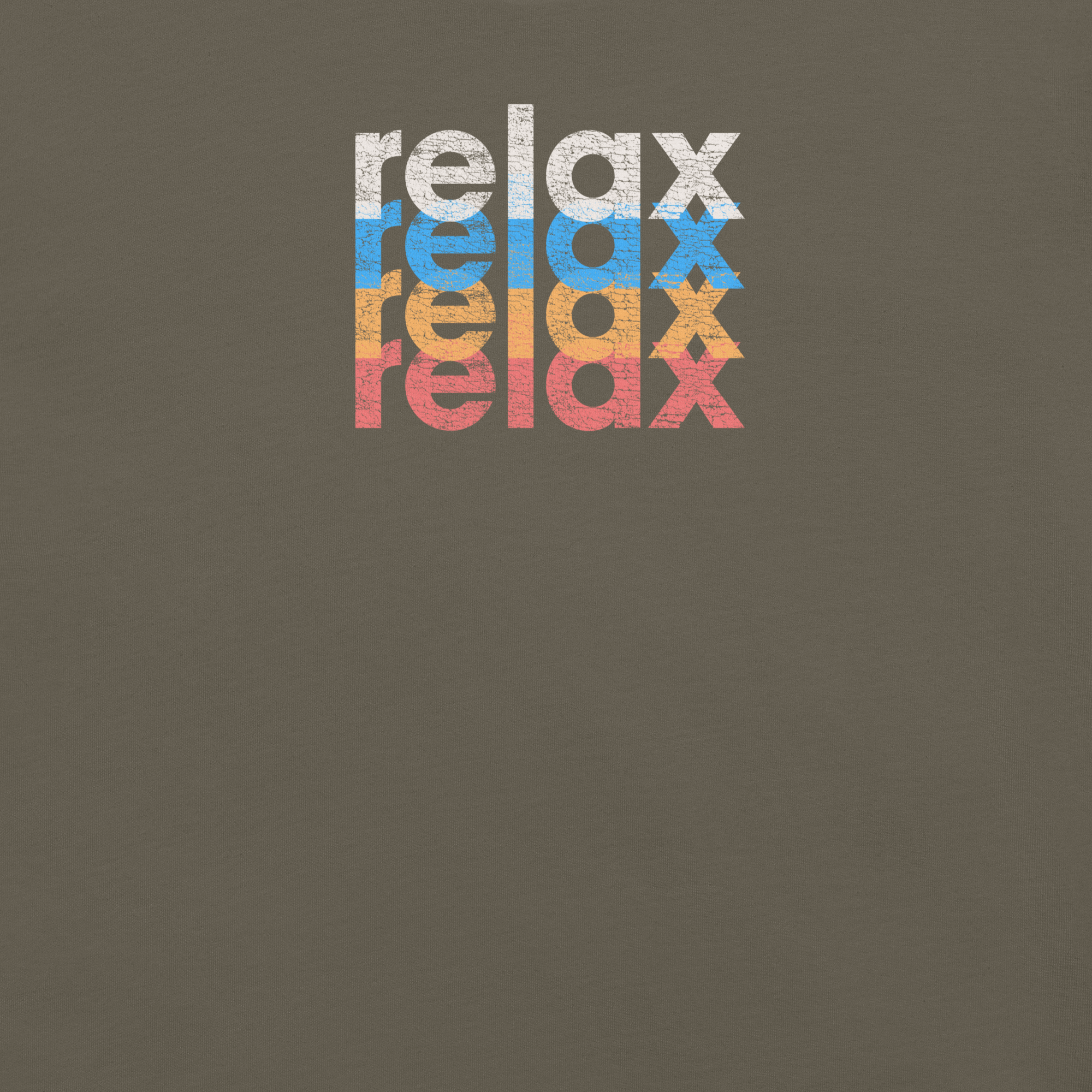 Close-up of a Milk Sandwich t-shirt featuring a stacked and mirrored relax text design in distressed white, blue, orange, and pink colors on army fabric.