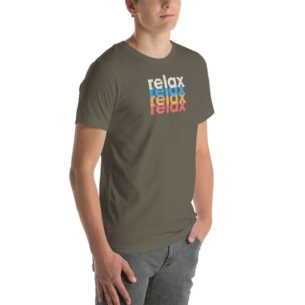 Angled front view of a man wearing a Milk Sandwich army t-shirt with a colorful distressed relax text design repeated vertically in white, blue, orange, and pink.