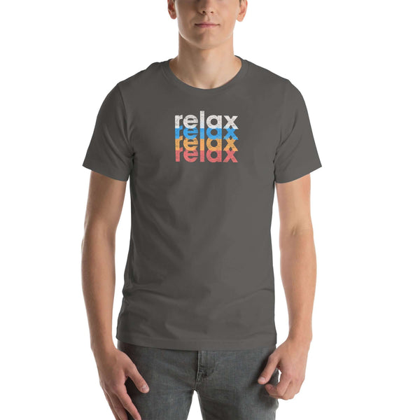 Man wearing a Milk Sandwich asphalt t-shirt with a colorful stacked relax text design in white, blue, orange, and pink distressed print.