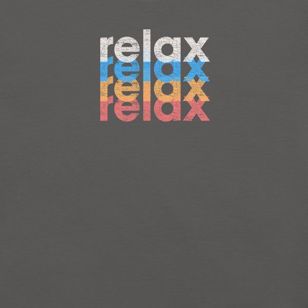 Close-up of a Milk Sandwich t-shirt featuring a stacked and mirrored relax text design in distressed white, blue, orange, and pink colors on asphalt fabric.