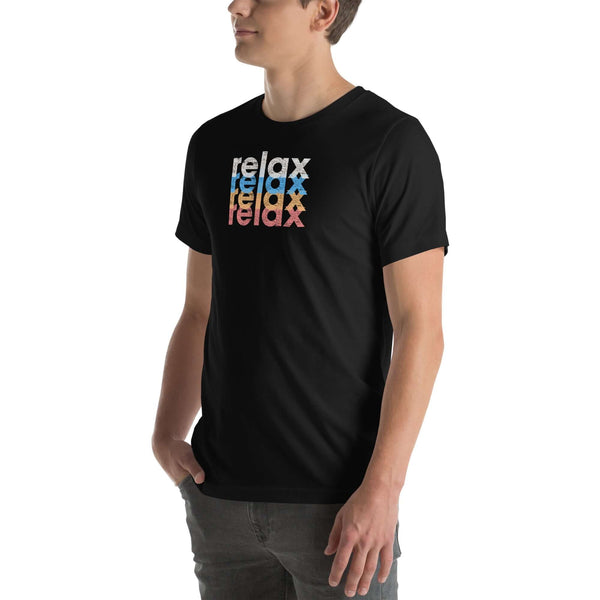 Side view of a man wearing a Milk Sandwich black t-shirt featuring a stacked relax text design in distressed white, blue, orange, and pink colors.