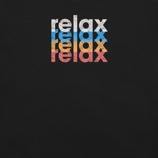Close-up of a Milk Sandwich t-shirt featuring a stacked and mirrored relax text design in distressed white, blue, orange, and pink colors on black fabric.
