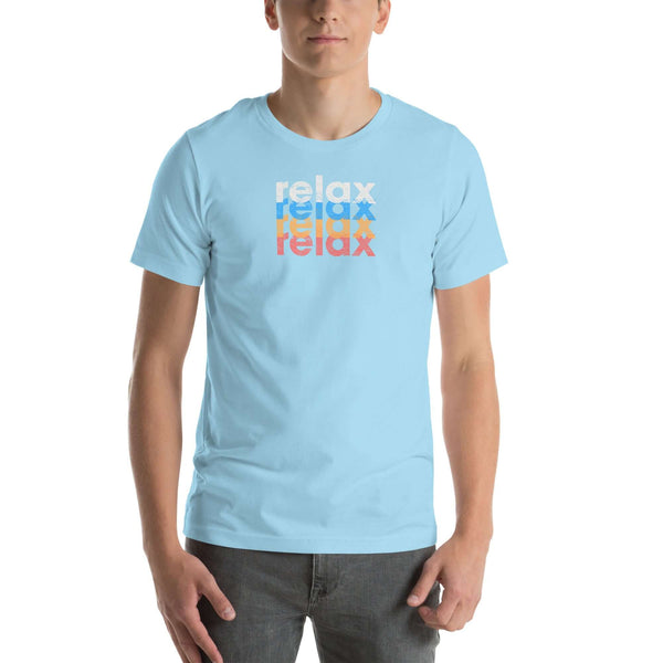 Man wearing a Milk Sandwich ocean blue t-shirt with a colorful stacked relax text design in white, blue, orange, and pink distressed print.