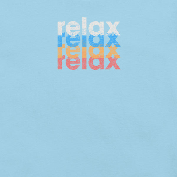 Close-up of a Milk Sandwich t-shirt featuring a stacked and mirrored relax text design in distressed white, blue, orange, and pink colors on ocean blue fabric.