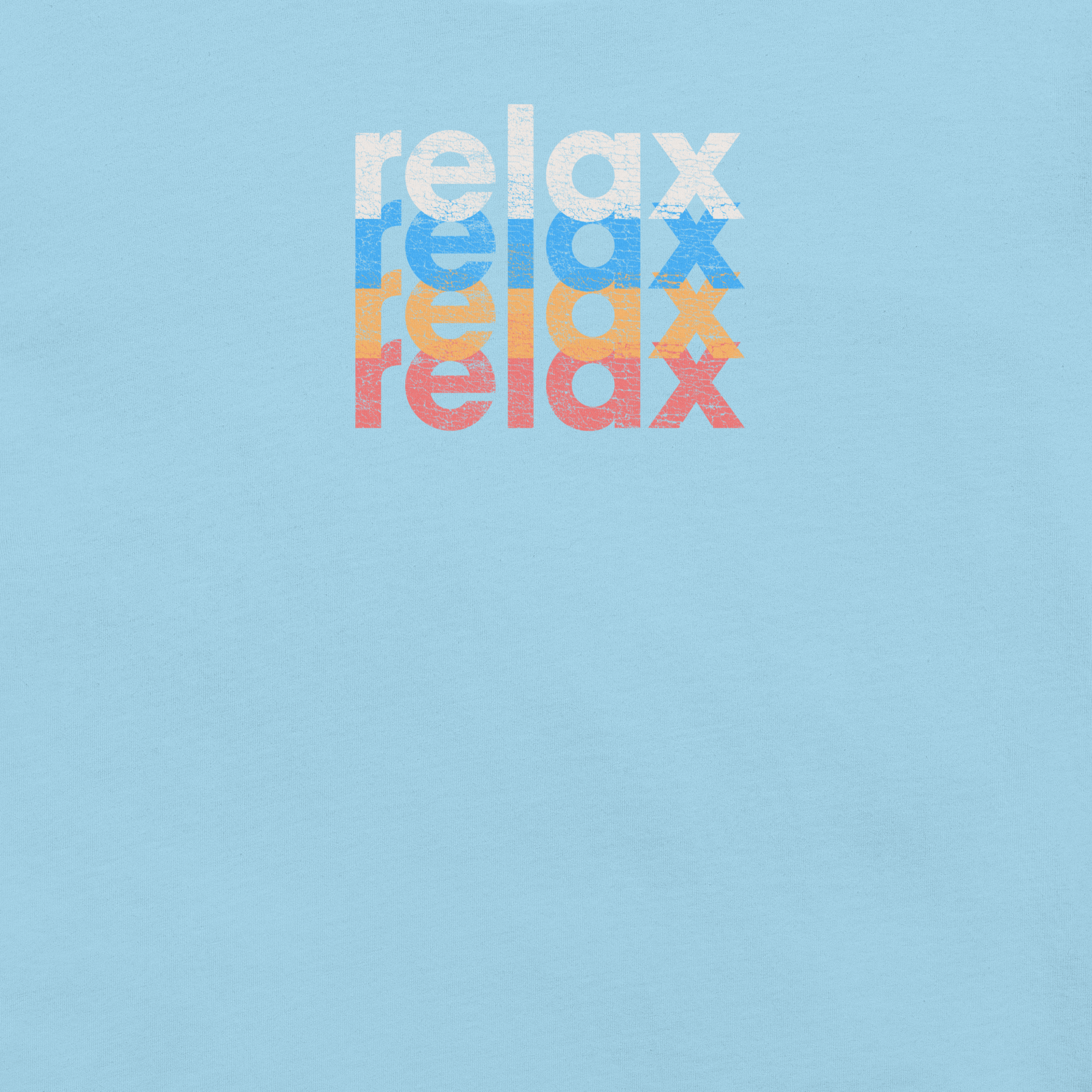 Close-up of a Milk Sandwich t-shirt featuring a stacked and mirrored relax text design in distressed white, blue, orange, and pink colors on ocean blue fabric.