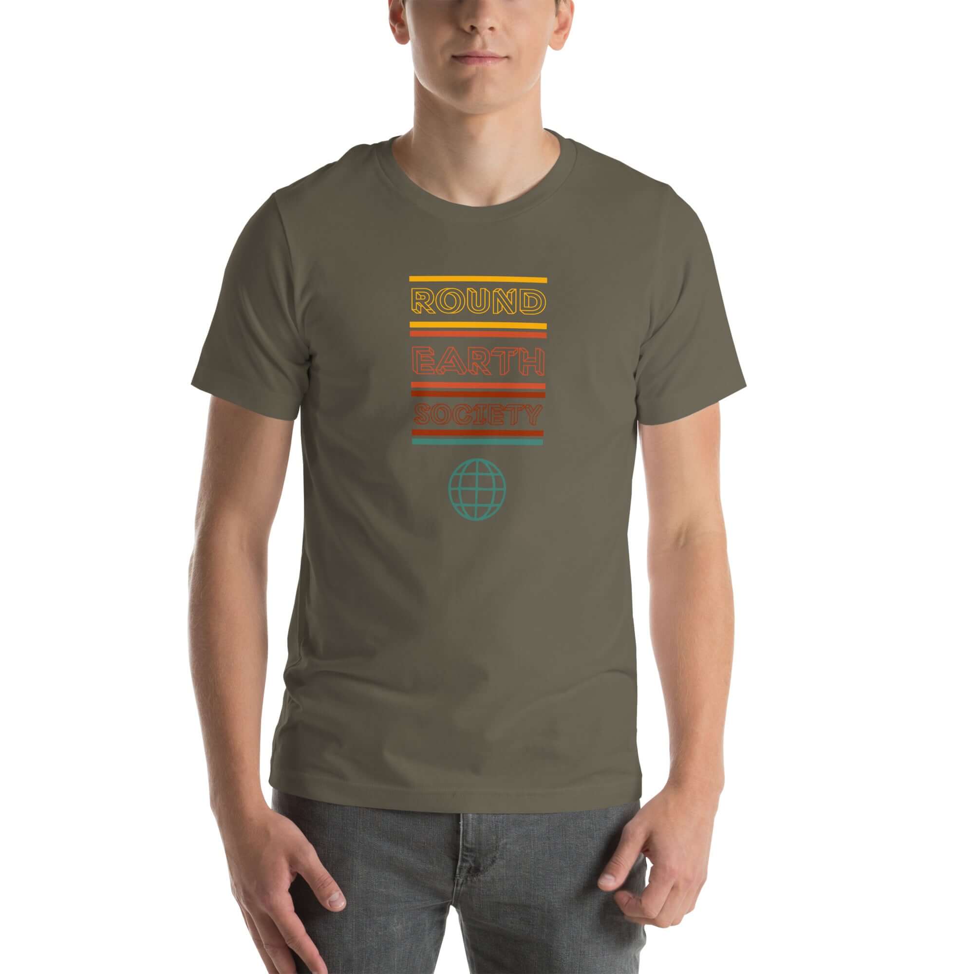 Man wearing a Milk Sandwich army t-shirt with a colorful retro-style "ROUND EARTH SOCIETY" graphic and globe icon on the front.