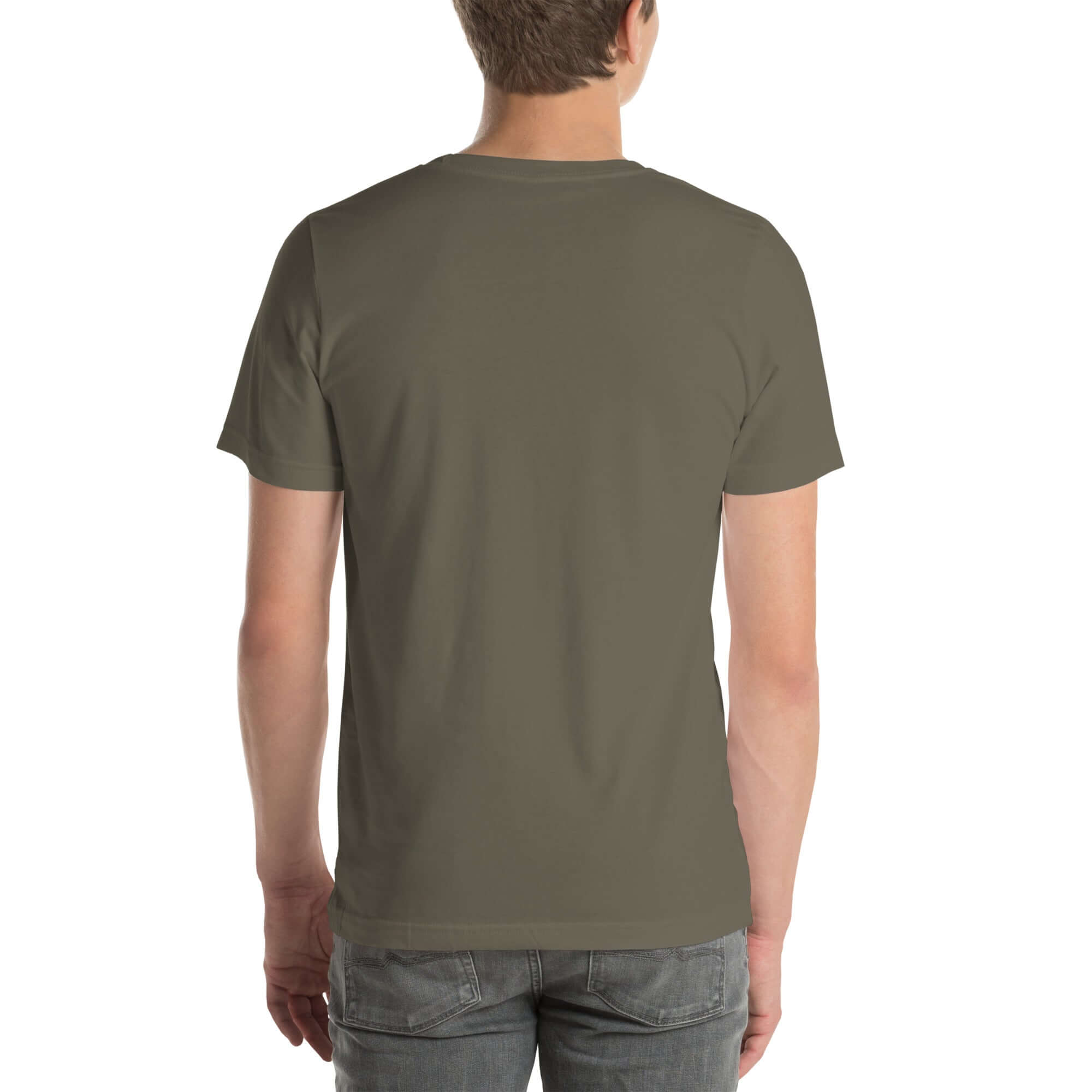 Back view of a person wearing a plain army Milk Sandwich t-shirt with no visible design.