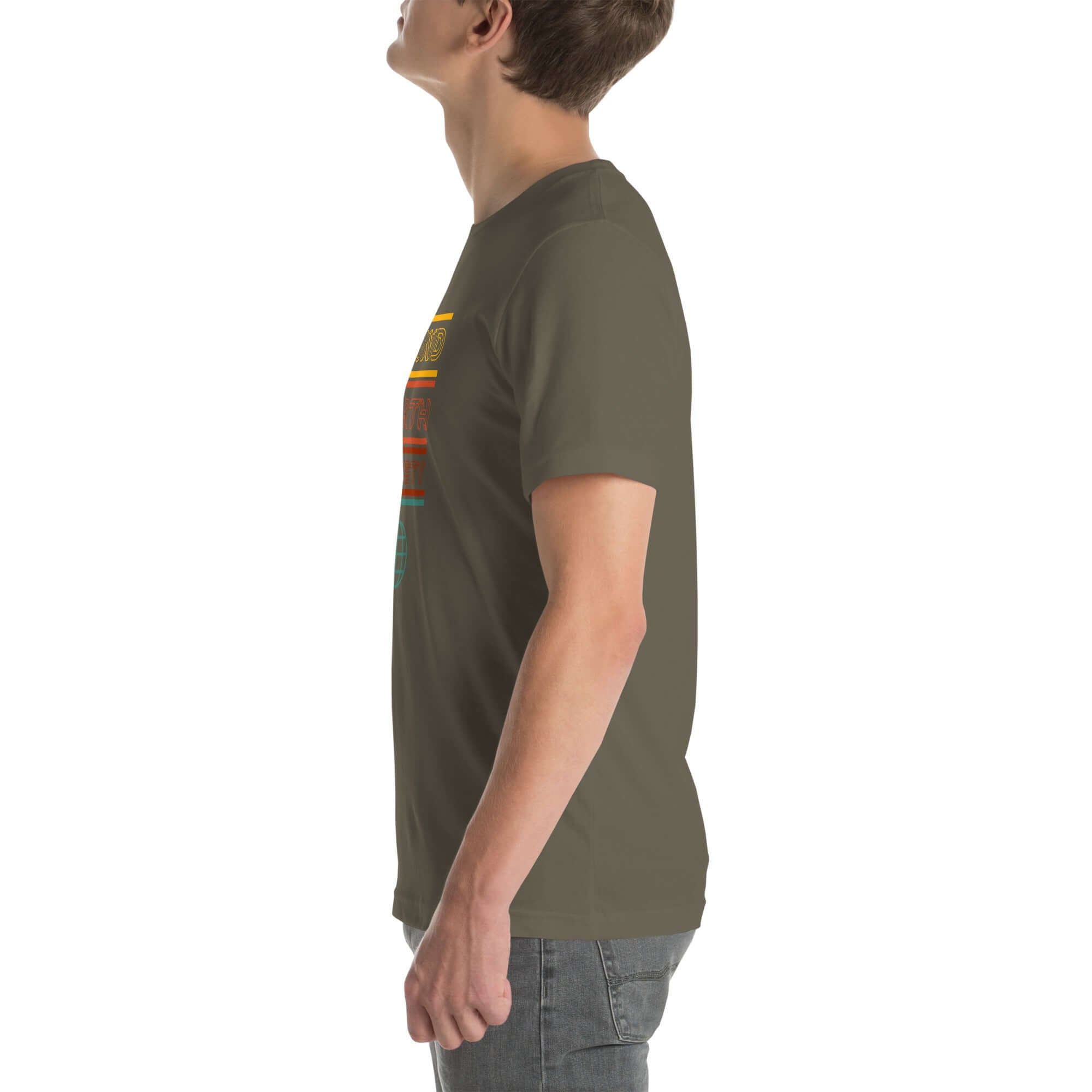 Angled side view of a person wearing a army Milk Sandwich t-shirt with a colorful "Round Earth Society" graphic design.