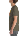 Angled side view of a person wearing a army Milk Sandwich t-shirt with a colorful "Round Earth Society" graphic design.