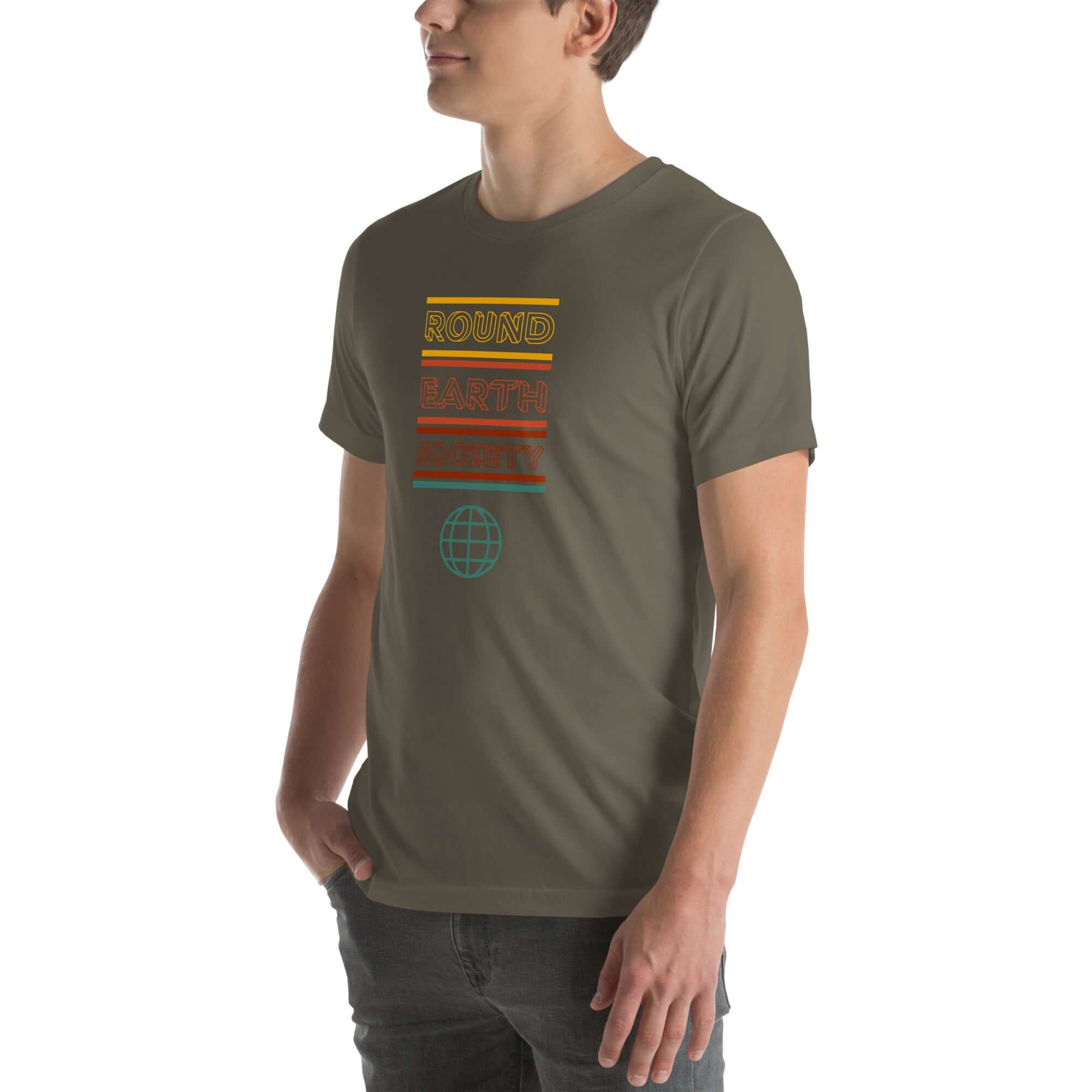Angled side view of a person wearing a army Milk Sandwich t-shirt with a colorful "Round Earth Society" graphic design.