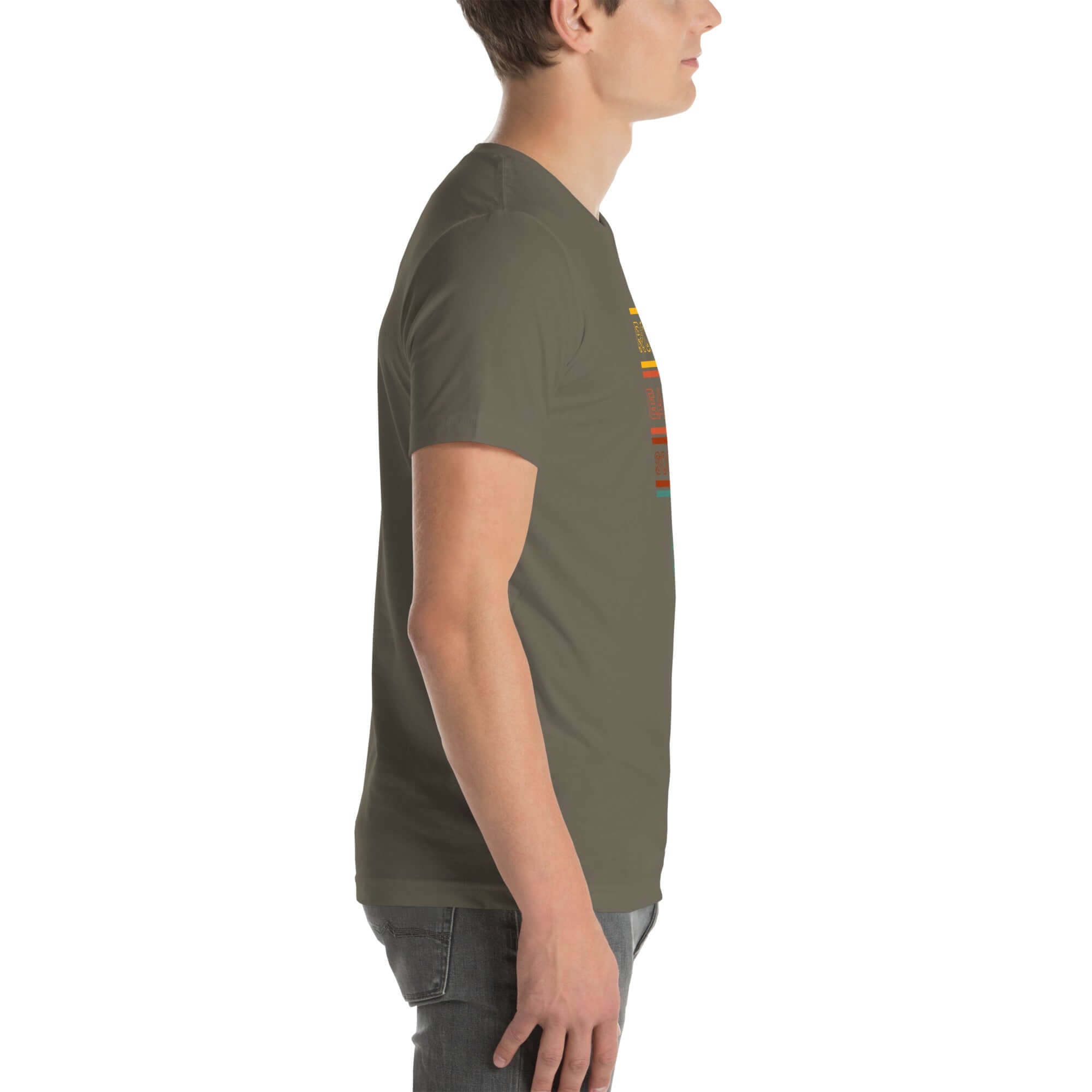 Side profile of a person wearing a army Milk Sandwich t-shirt featuring a vertical "Round Earth Society" graphic design on the front.