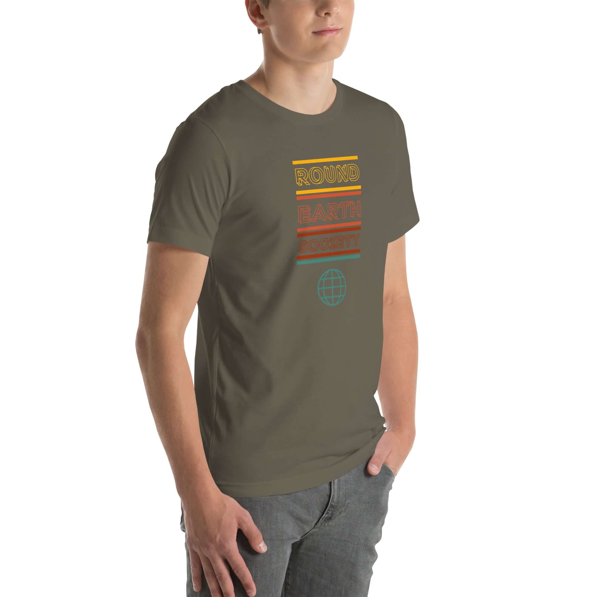 Man wearing a army Milk Sandwich t-shirt with a colorful "Round Earth Society" graphic printed vertically on the front.