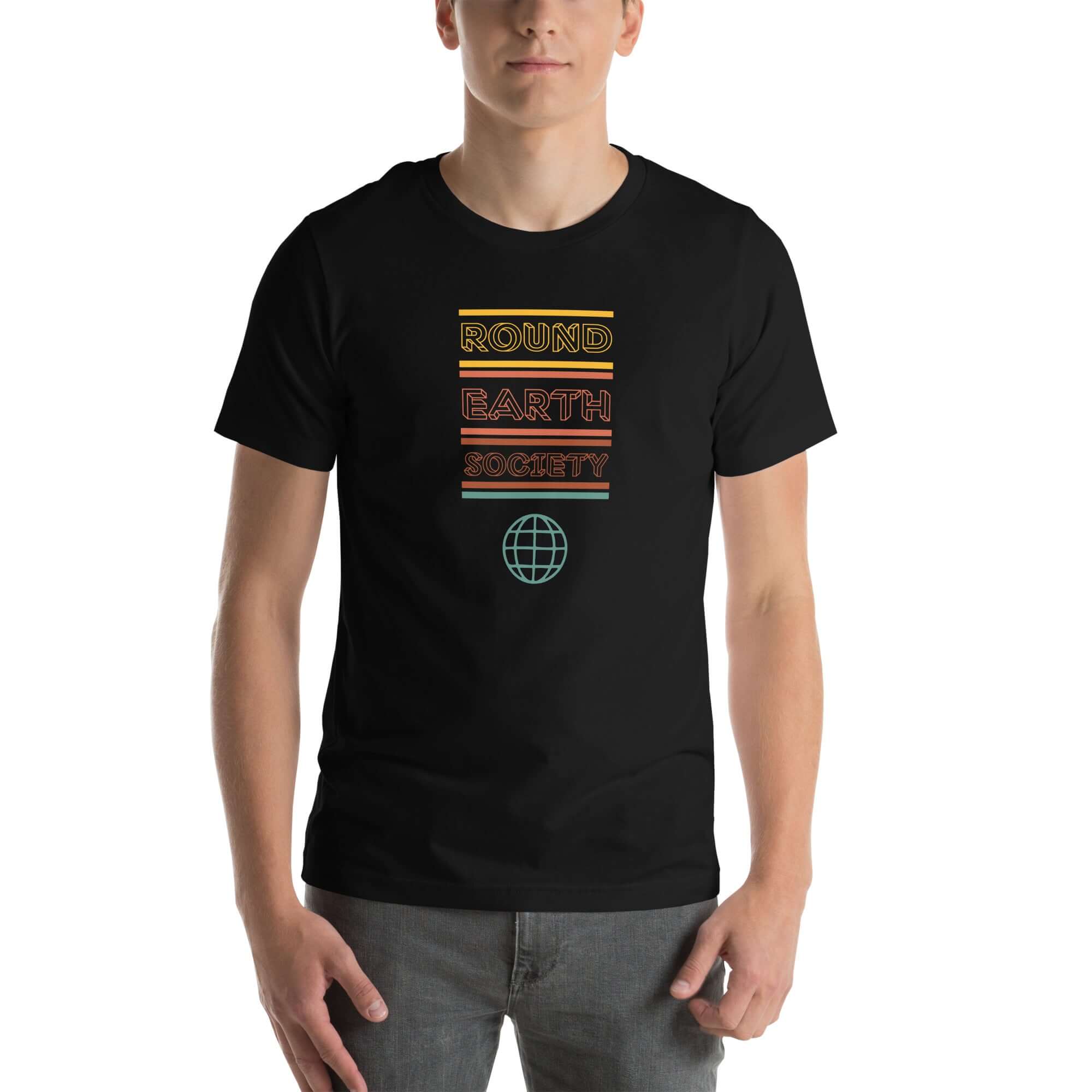Man wearing a Milk Sandwich black t-shirt with a colorful retro-style "ROUND EARTH SOCIETY" graphic and globe icon on the front.