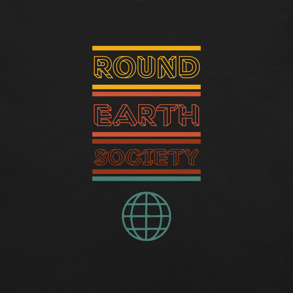 Close-up of a Milk Sandwich black t-shirt featuring a colorful retro-style graphic with the words ROUND EARTH SOCIETY in yellow, orange, and red stripes above a teal globe icon.
