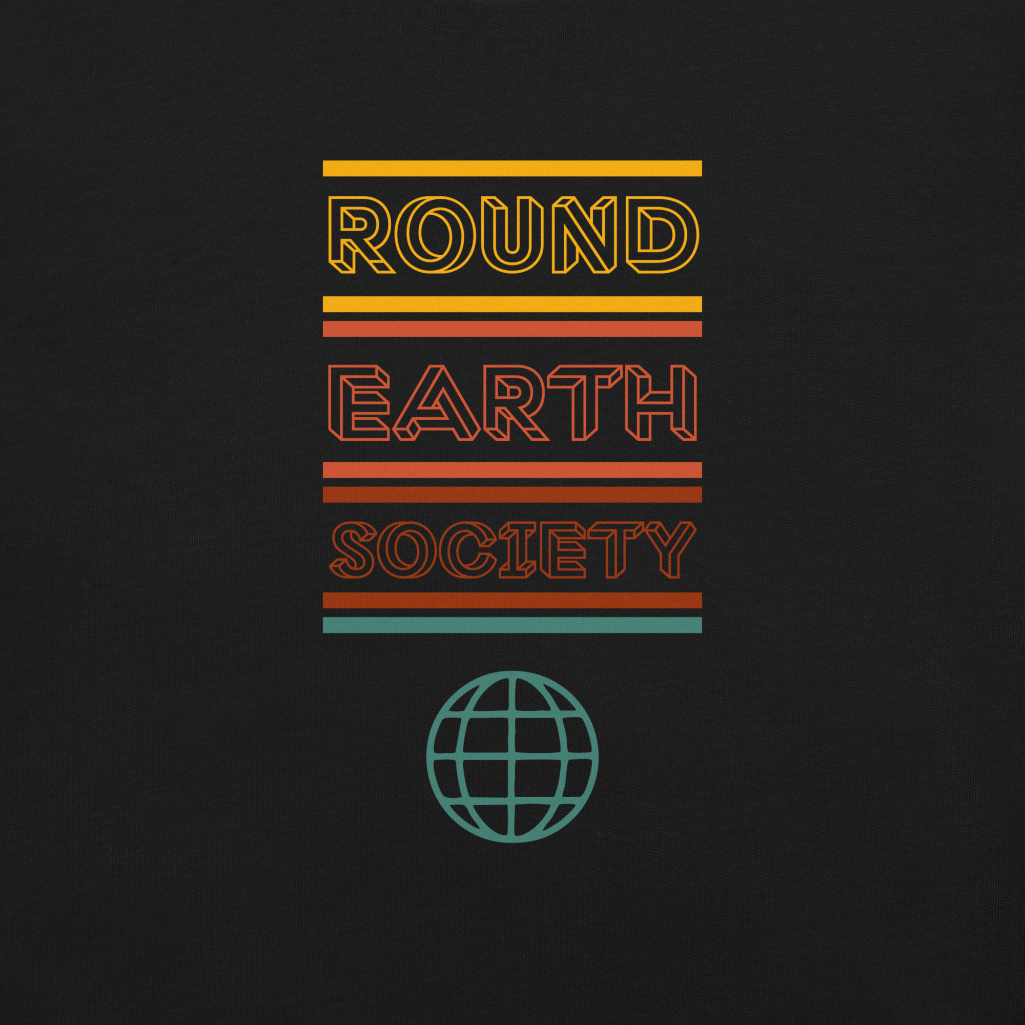 Close-up of a Milk Sandwich black t-shirt featuring a colorful retro-style graphic with the words ROUND EARTH SOCIETY in yellow, orange, and red stripes above a teal globe icon.