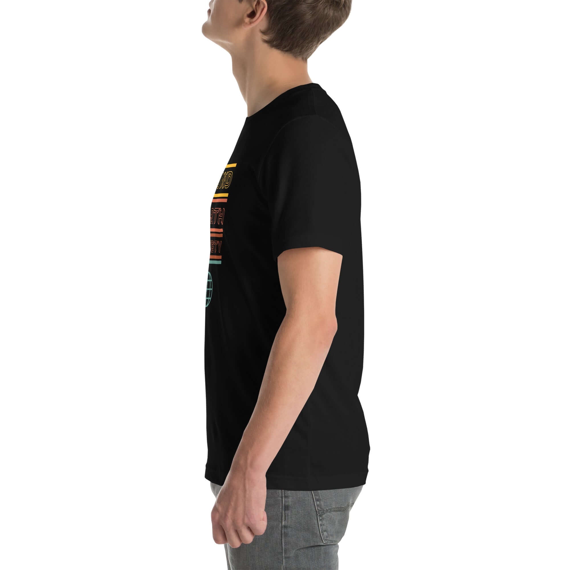 Side view of a person wearing a black Milk Sandwich t-shirt featuring a colorful "Round Earth Society" design on the front.