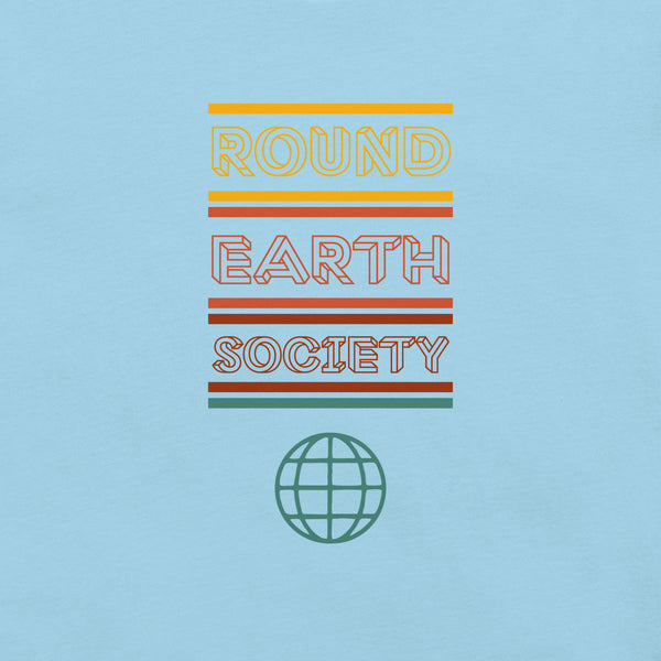 Close-up of a Milk Sandwich ocean blue t-shirt featuring a colorful retro-style graphic with the words ROUND EARTH SOCIETY in yellow, orange, and red stripes above a teal globe icon.