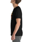 Side view of a person wearing a black Milk Sandwich t-shirt featuring a colorful "Round Earth Society" design on the front.