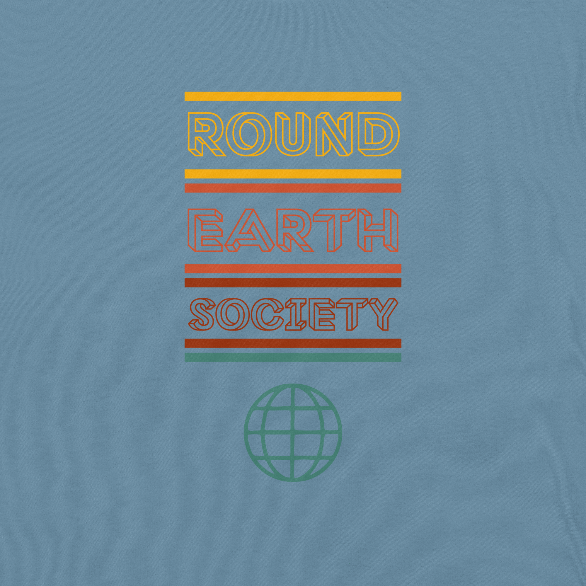 Close-up of a Milk Sandwich steel blue t-shirt featuring a colorful retro-style graphic with the words ROUND EARTH SOCIETY in yellow, orange, and red stripes above a teal globe icon.