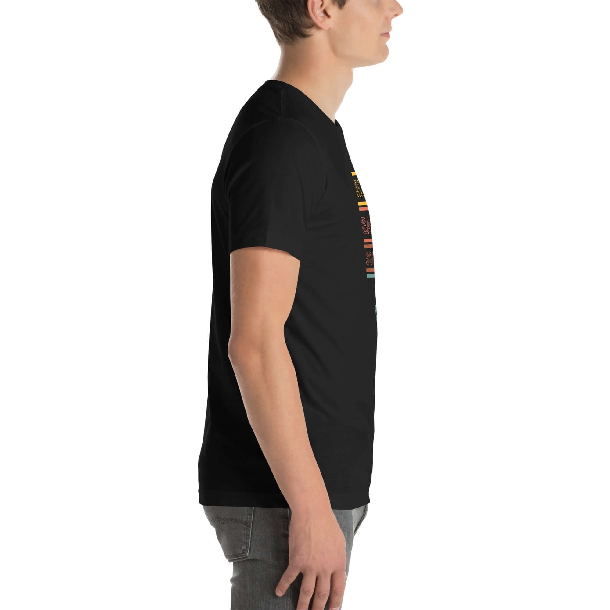Side profile of a person wearing a black Milk Sandwich t-shirt featuring a vertical "Round Earth Society" graphic design on the front.
