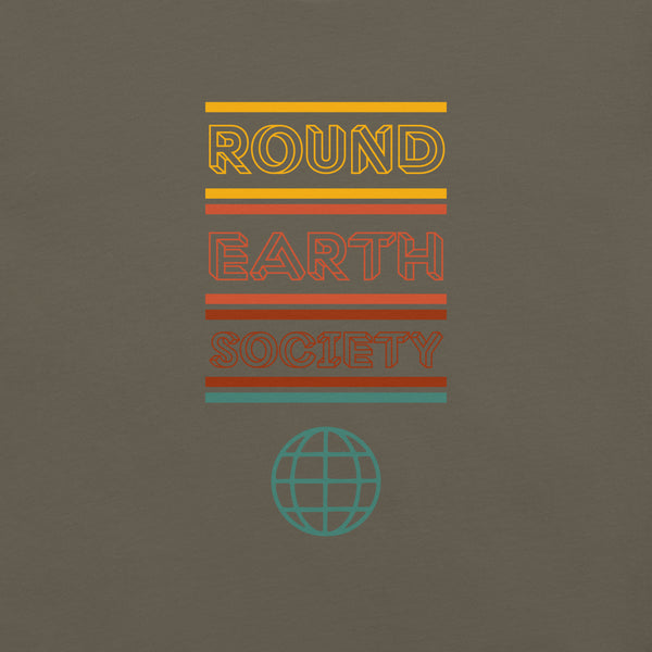 Close-up of a Milk Sandwich army t-shirt featuring a colorful retro-style graphic with the words ROUND EARTH SOCIETY in yellow, orange, and red stripes above a teal globe icon.