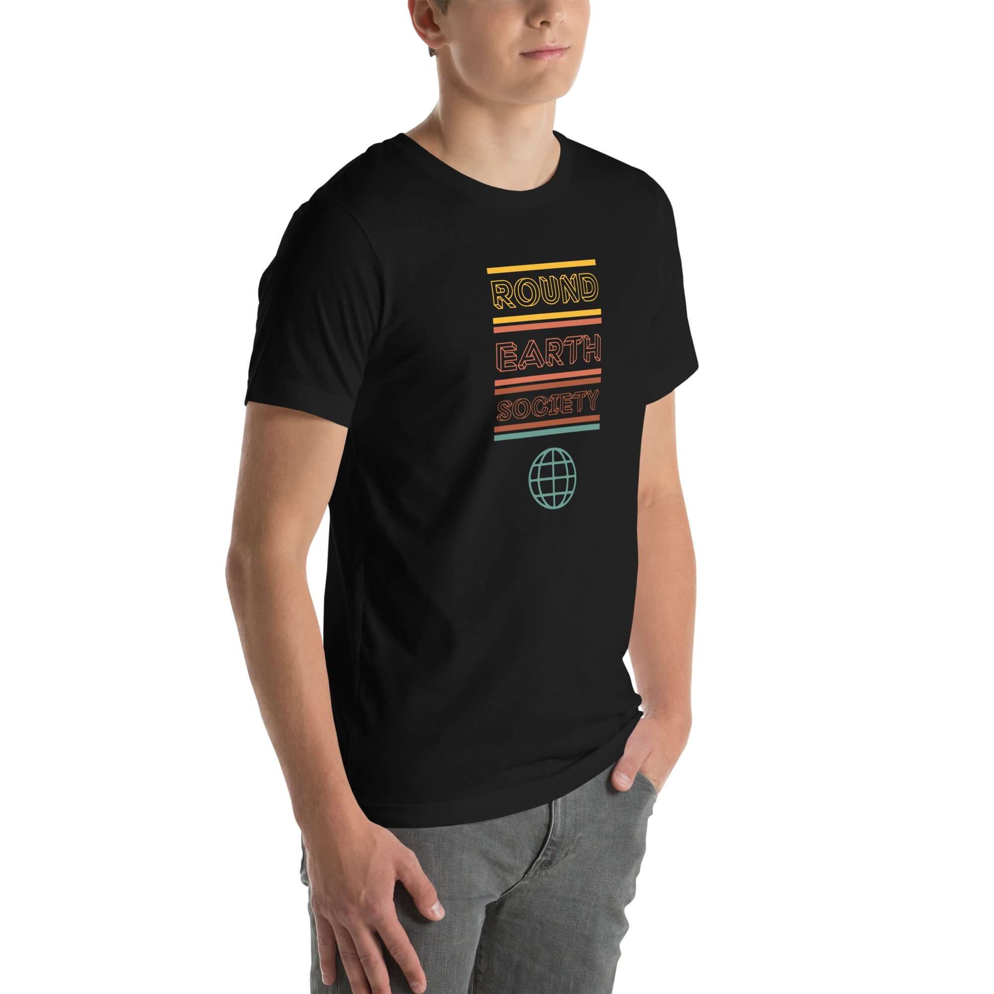Man wearing a black Milk Sandwich t-shirt with a colorful "Round Earth Society" graphic printed vertically on the front.