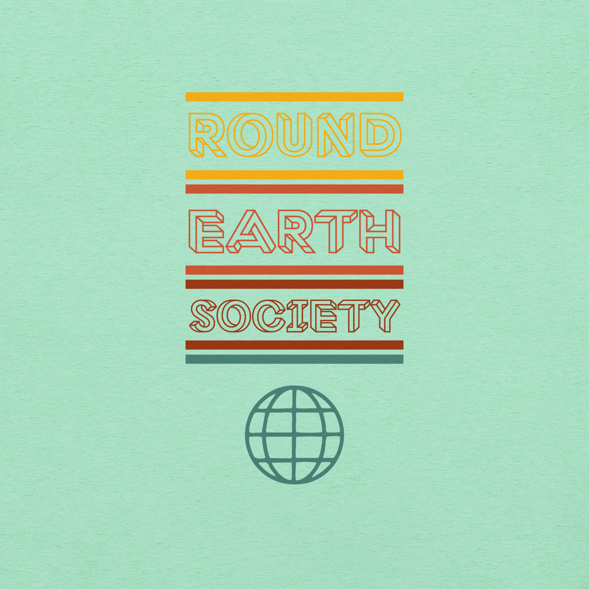 Close-up of a Milk Sandwich mint t-shirt featuring a colorful retro-style graphic with the words ROUND EARTH SOCIETY in yellow, orange, and red stripes above a teal globe icon.