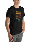 Man wearing a black Milk Sandwich t-shirt with a colorful "Round Earth Society" graphic printed vertically on the front.
