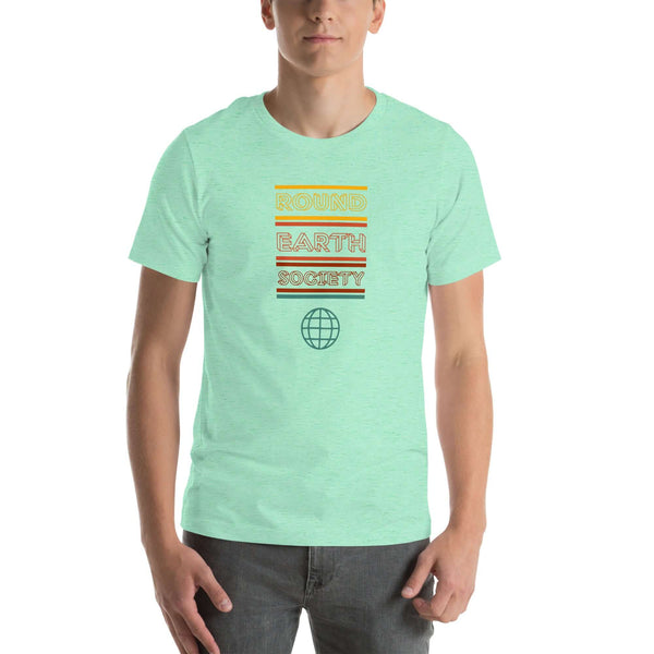 Man wearing a Milk Sandwich mint t-shirt with a colorful retro-style "ROUND EARTH SOCIETY" graphic and globe icon on the front.