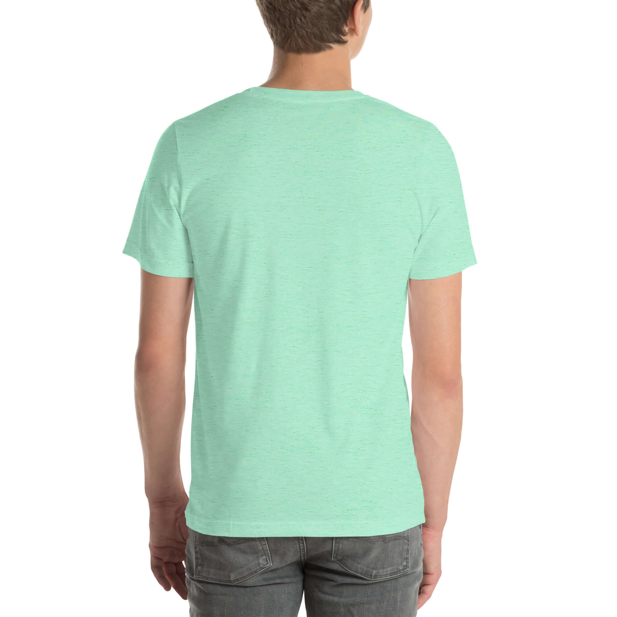 Back view of a person wearing a plain mint Milk Sandwich t-shirt with no visible design.