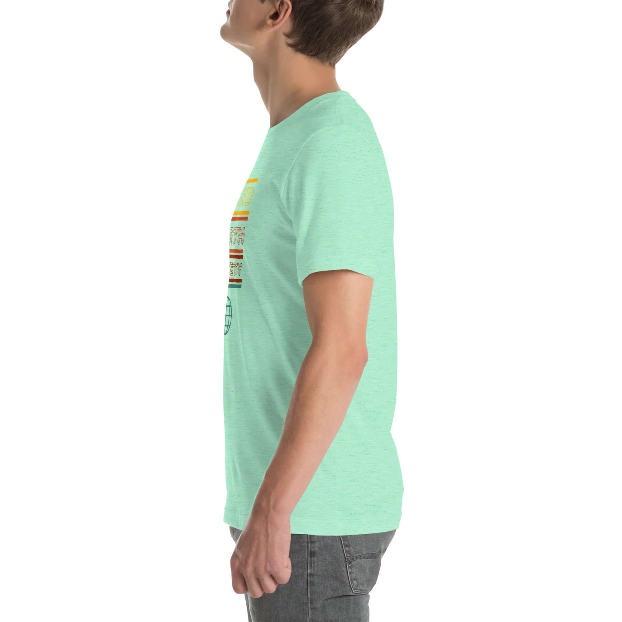 Angled side view of a person wearing a mint Milk Sandwich t-shirt with a colorful "Round Earth Society" graphic design.