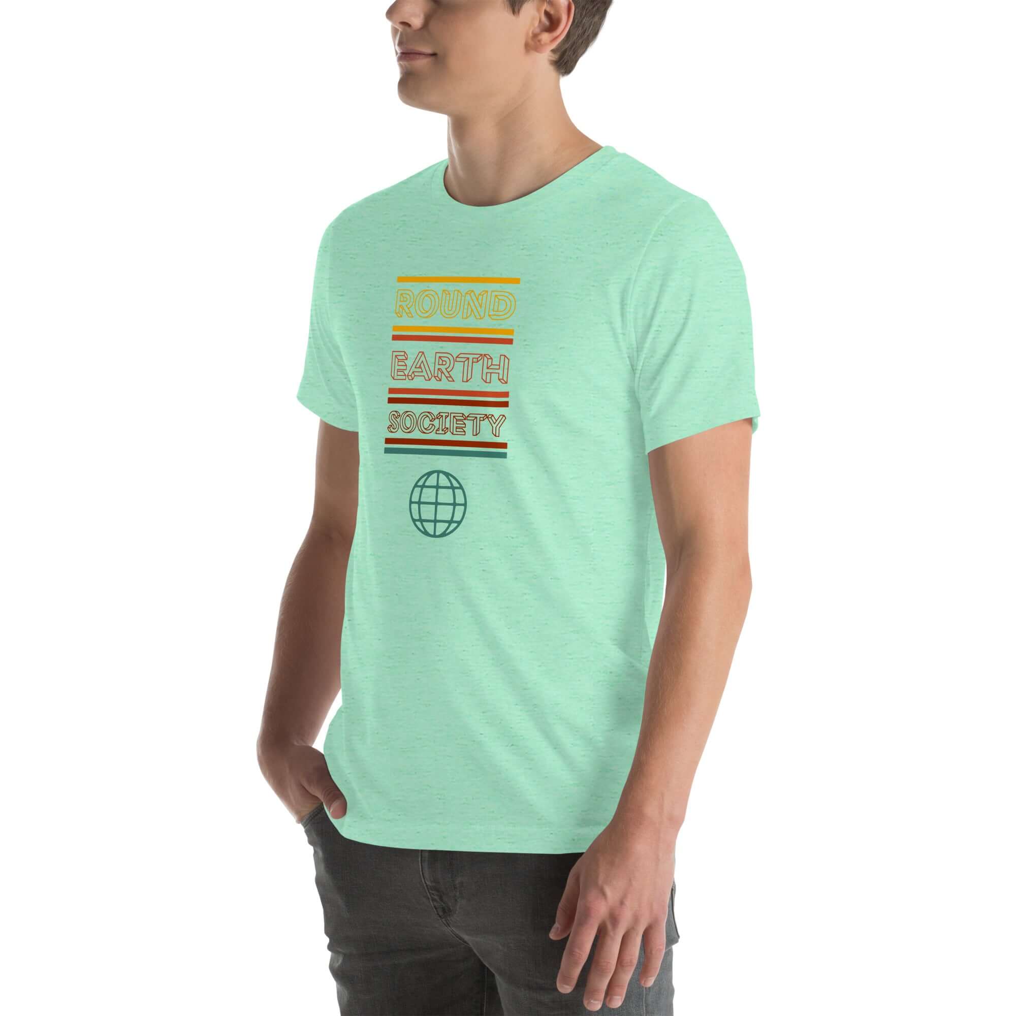 Angled side view of a person wearing a mint Milk Sandwich t-shirt with a colorful "Round Earth Society" graphic design.