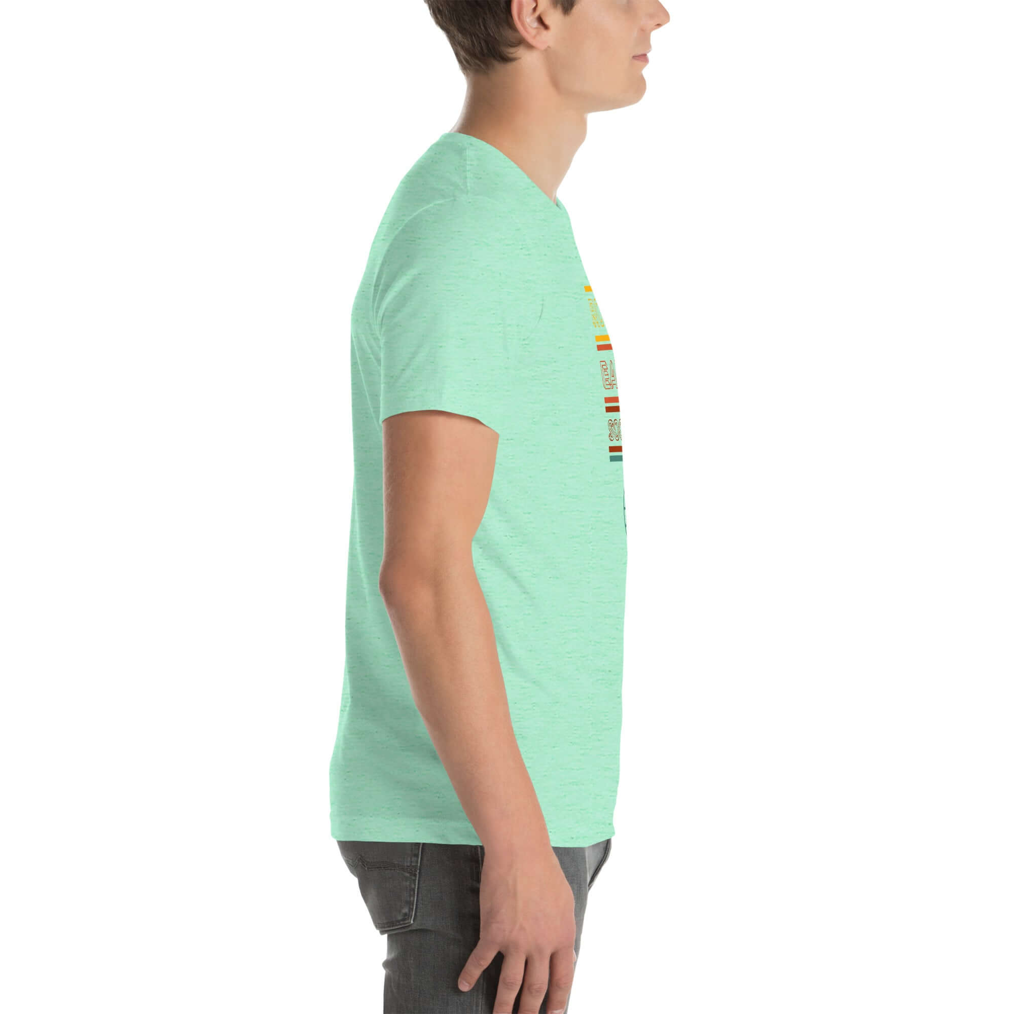 Side profile of a person wearing a mint Milk Sandwich t-shirt featuring a vertical "Round Earth Society" graphic design on the front.