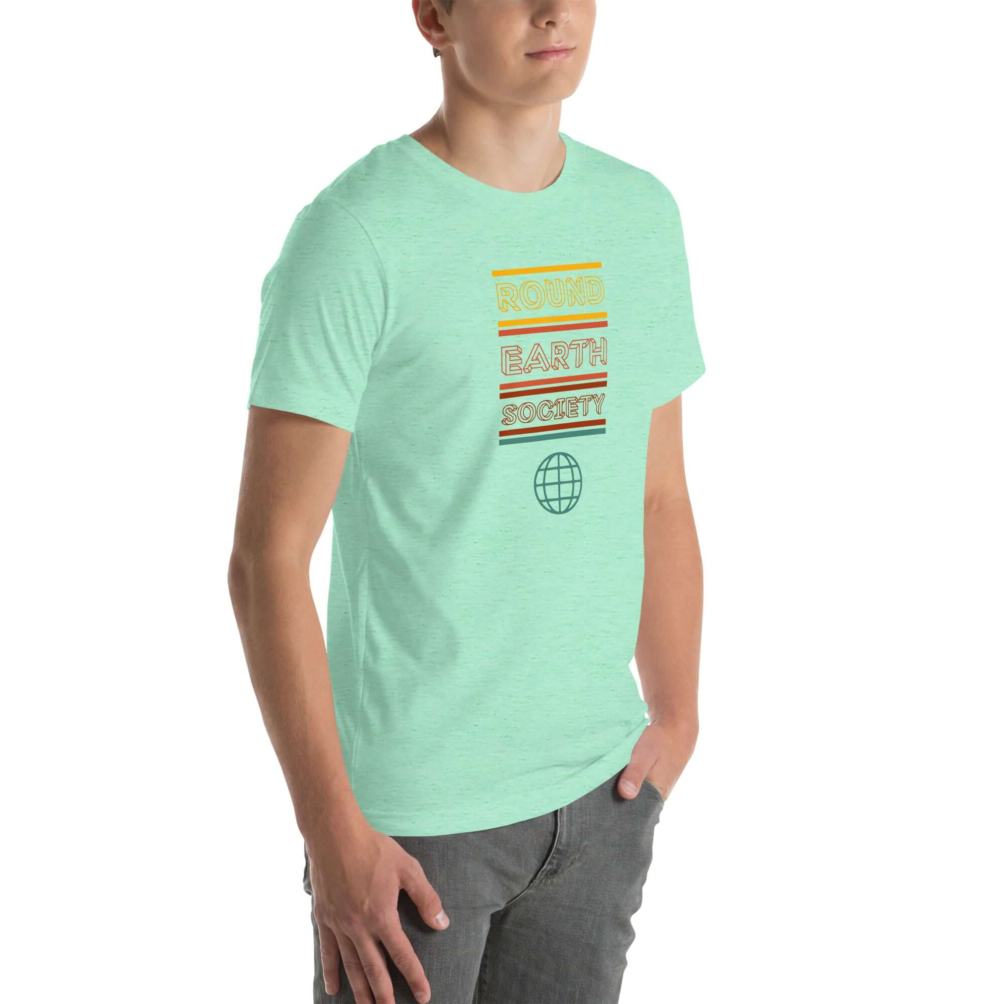 Man wearing a mint Milk Sandwich t-shirt with a colorful "Round Earth Society" graphic printed vertically on the front.