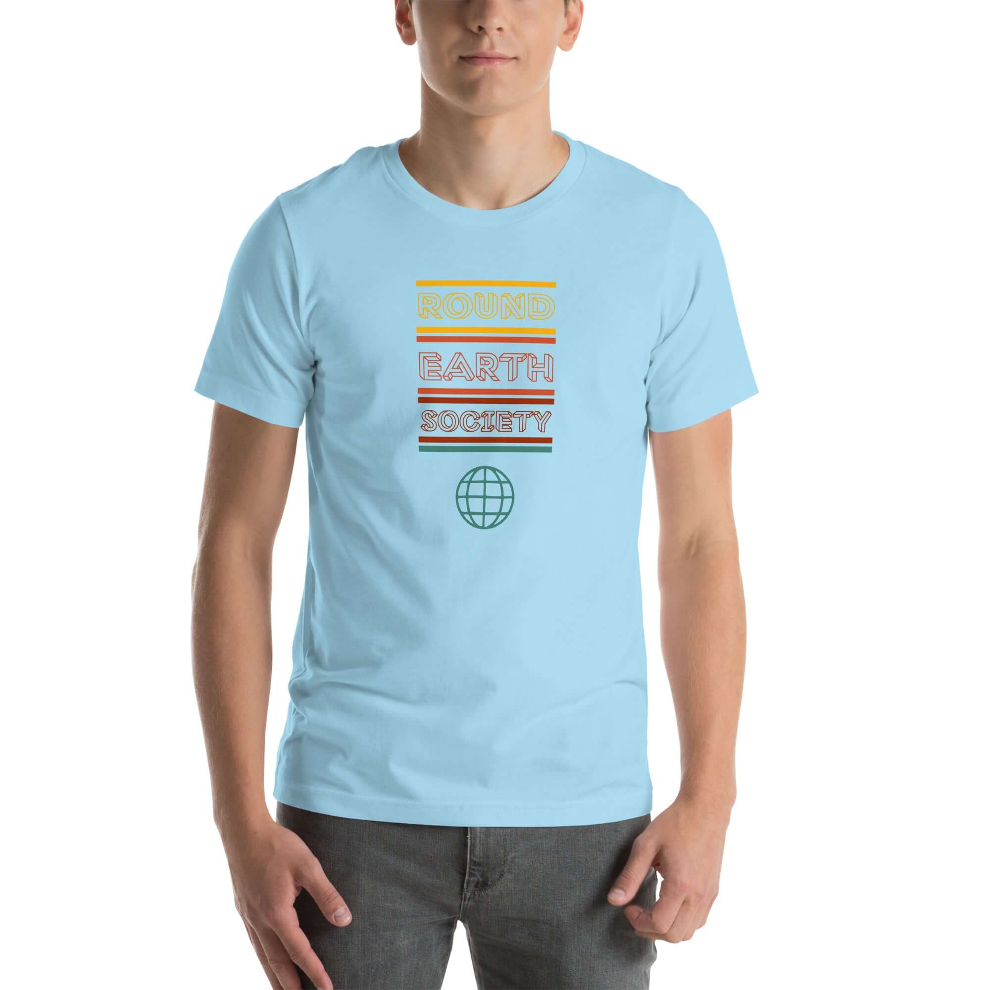 Man wearing a Milk Sandwich ocean blue t-shirt with a colorful retro-style "ROUND EARTH SOCIETY" graphic and globe icon on the front.