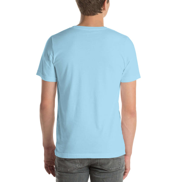 Back view of a person wearing a plain ocean blue Milk Sandwich t-shirt with no visible design.