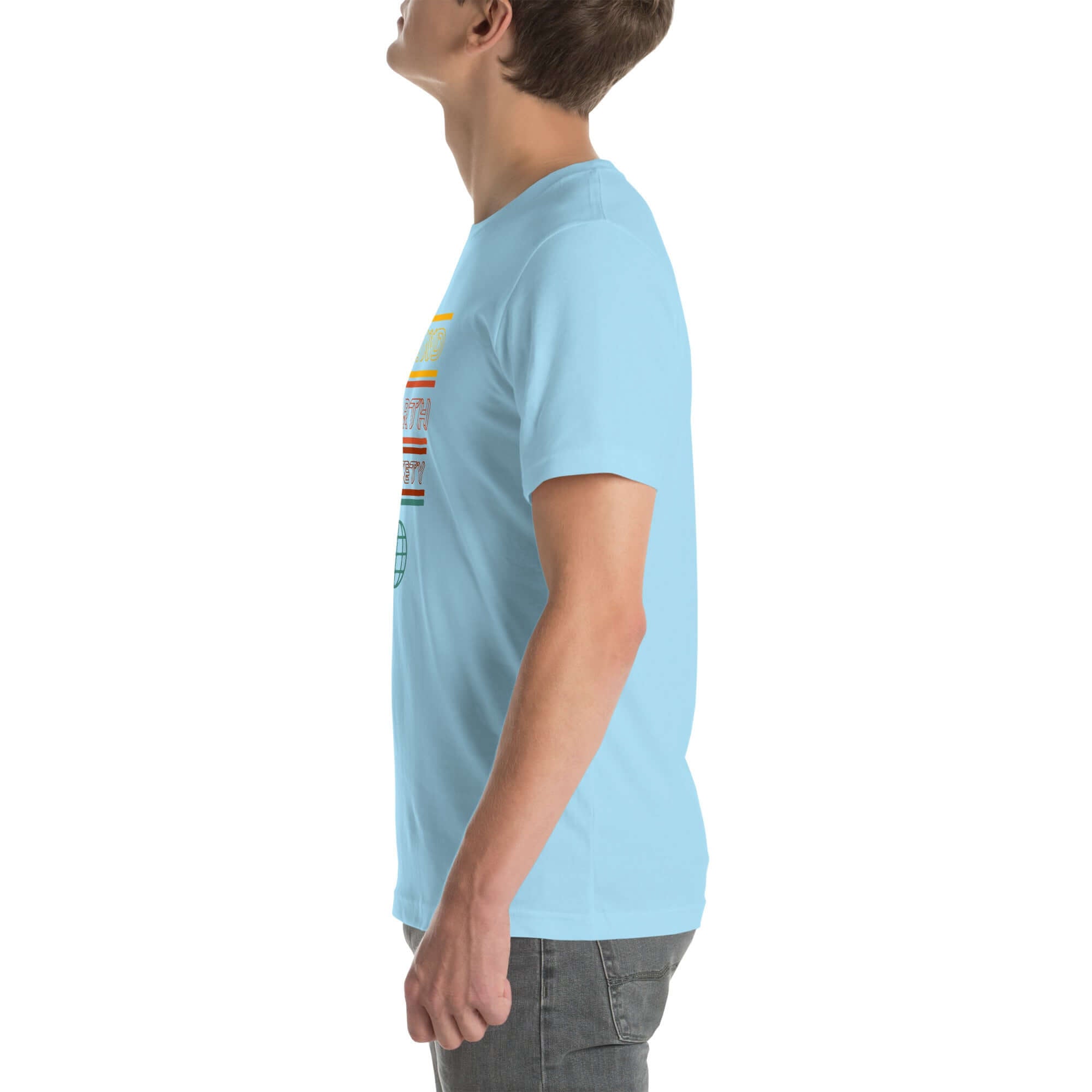 Side view of a person wearing a ocean blue Milk Sandwich t-shirt featuring a colorful "Round Earth Society" design on the front.