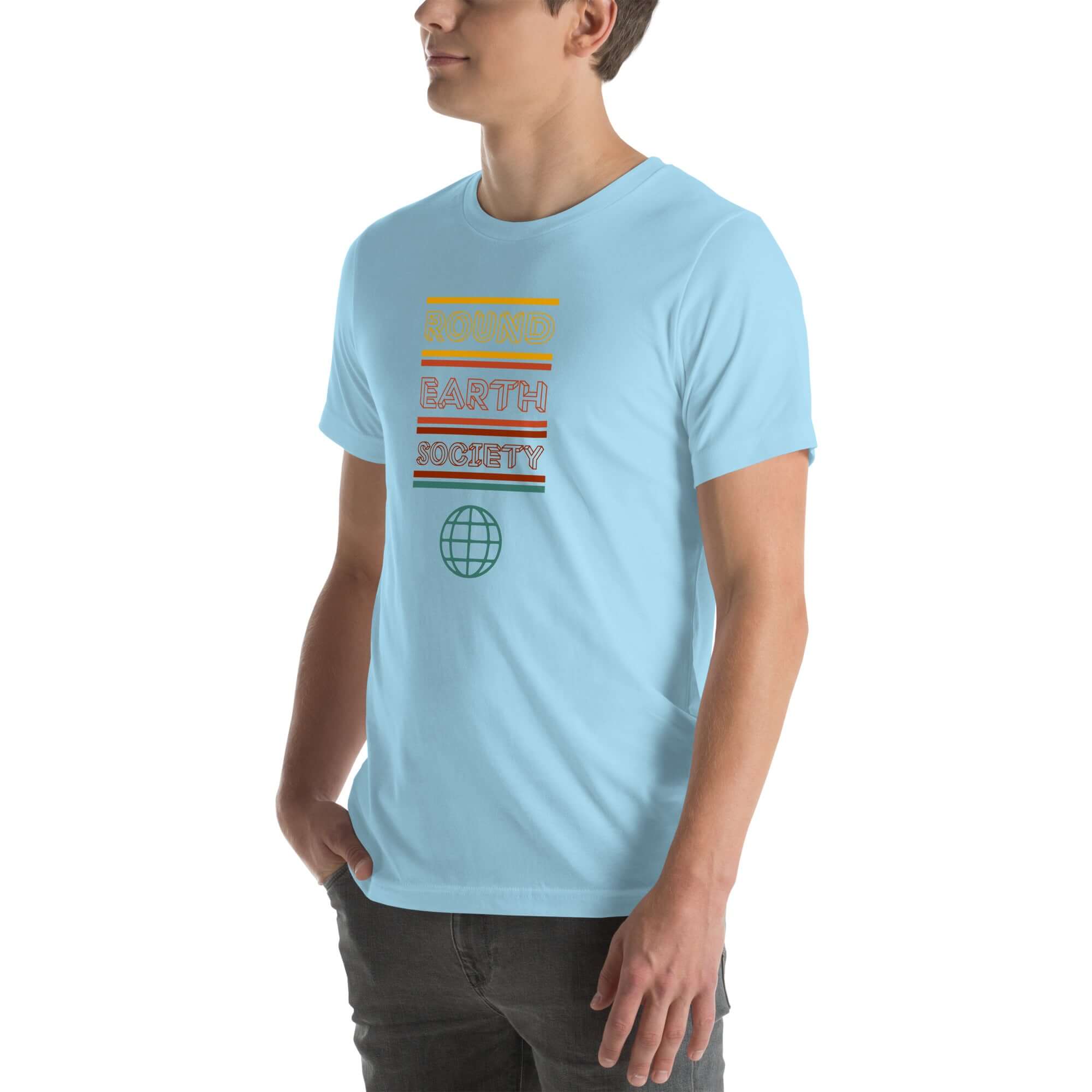 Angled side view of a person wearing a ocean blue Milk Sandwich t-shirt with a colorful "Round Earth Society" graphic design.