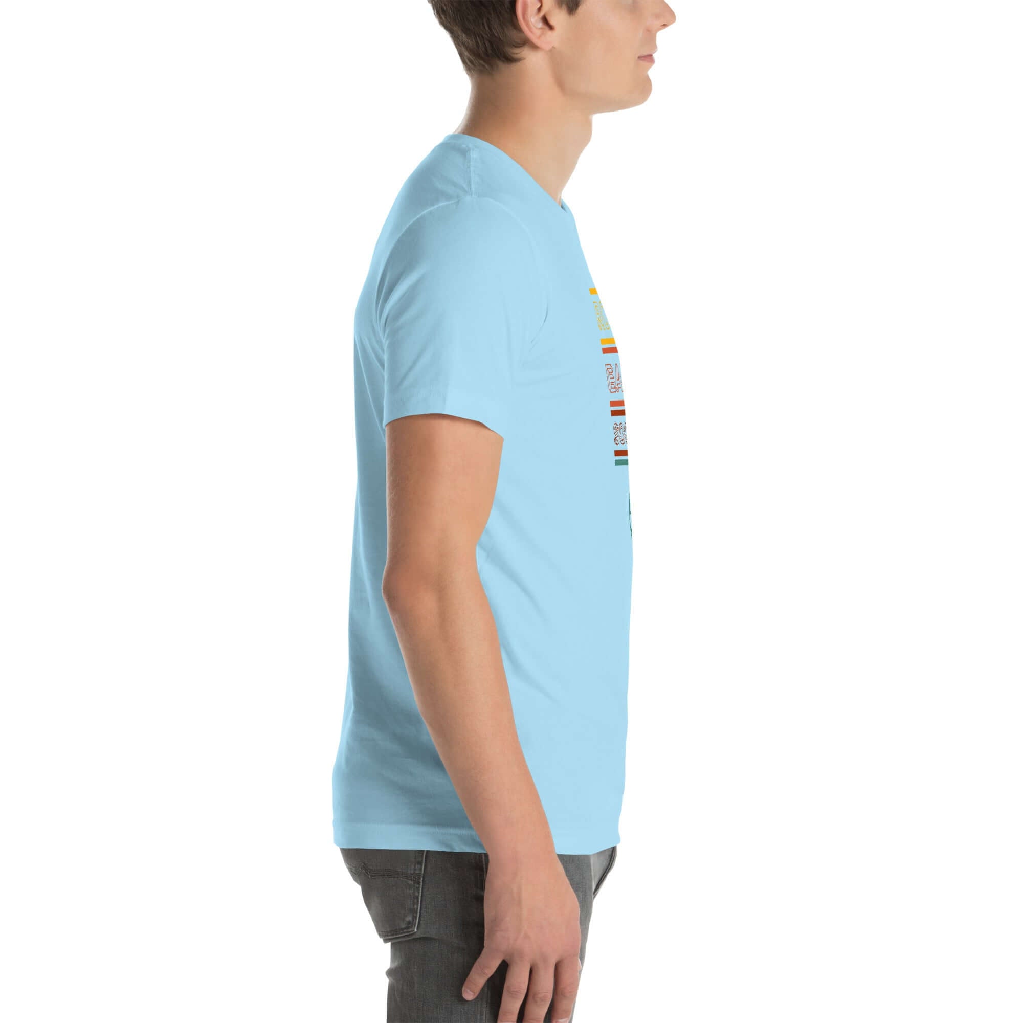 Side profile of a person wearing a ocean blue Milk Sandwich t-shirt featuring a vertical "Round Earth Society" graphic design on the front.